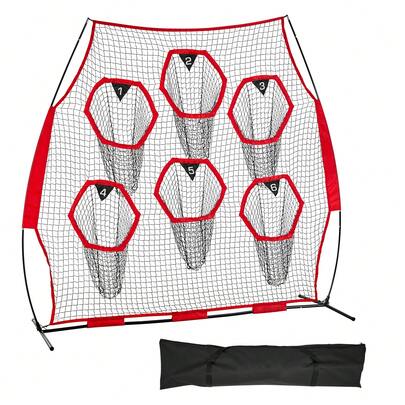 2438.4x2438.4mm Football Trainer Throwing Net, Training Throwing Target Practice Net With 6 Target Pockets, Knotless Net Includes Straps And Portable Carry Case, Improve QB Throwing Accuracy,Red