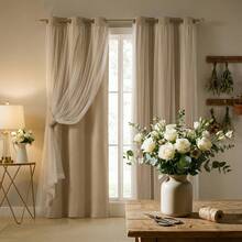 1件法式双层遮光窗帘，卧室公主风网纱窗帘，客厅北欧风布艺窗帘 - 米色 - 查看 7