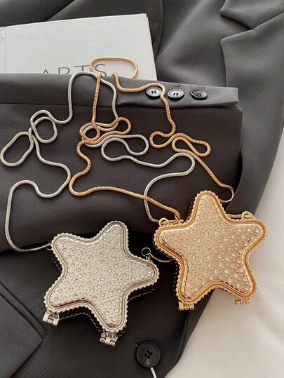 1pc New Mini Bag, Rhinestone Embellished Mini Bag, Silver Wallet, Shiny Futuristic Pentagram Handbag, Chain Shoulder Star Bag, Asymmetric Handbag, Accessory Pouch, Elegant Coin Purse, Gold Earphone Case, Wedding, Women Handbag, Gold Wallet, Summer Party Clutch, Gift Evening Bag