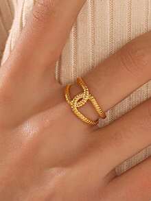 1pc 18K Gold Plated Stainless Steel Fashionable Geometric Line Design Ring, Suitable For Women's Daily Wear - Gold - View 1