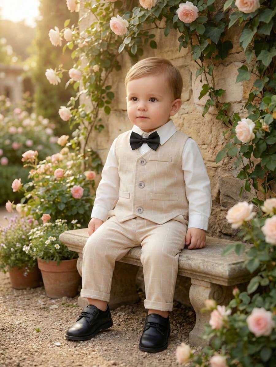 3pcs Baby Boys White Long Sleeve Shirt With Bow Tie, Plaid Vest And Pants, Fashionable Outfit For Birthday Party, Wedding, Christening, 1st Birthday - Apricot - View 1