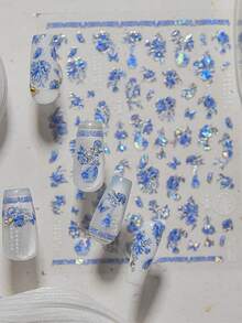 1pc Chinese Style Blue And White Porcelain Nail Stickers Exquisite Flower Butterfly 5D Hot Stamping Nail Stickers Self-Adhesive Nail Stickers Stickers DIY Nail Design - Blue - View 1