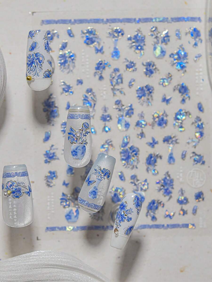 1pc Chinese Style Blue And White Porcelain Nail Stickers Exquisite Flower Butterfly 5D Hot Stamping Nail Stickers Self-Adhesive Nail Stickers Stickers DIY Nail Design - Blue - View 1