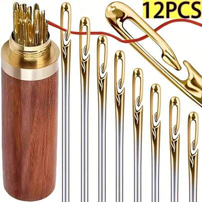 12支装不锈钢易穿线侧孔缝纫针，缝纫针，不锈钢绣花针，带木质针盒，手工编织针，皮革针，锋利缝纫针，皮革绣花针，不锈钢编织针，适合老年人手工缝纫，DIY家居工艺用品 - 白色，缝纫针，用于手工缝纫，皮革绣线，不锈钢编织针（带穿线器），装饰针（适用于工艺、修补、绗缝）
