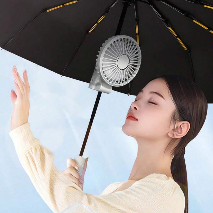 1个1200mAh伞扇，可夹在伞上，也可手持，90度可调，是夏季、学校、房车、露营、野餐、办公室、旅行的必备品。