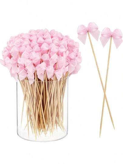 50/100pcs Pink Bow Cocktail Picks, With Satin Ribbon Bow, Suitable For Baby Shower, Birthday, Wedding, Bridal Sprinkle, Butterfly Theme Party, Teen Shower, Party Decor, Valentine's Day, Pink Christmas, Party Supplies
