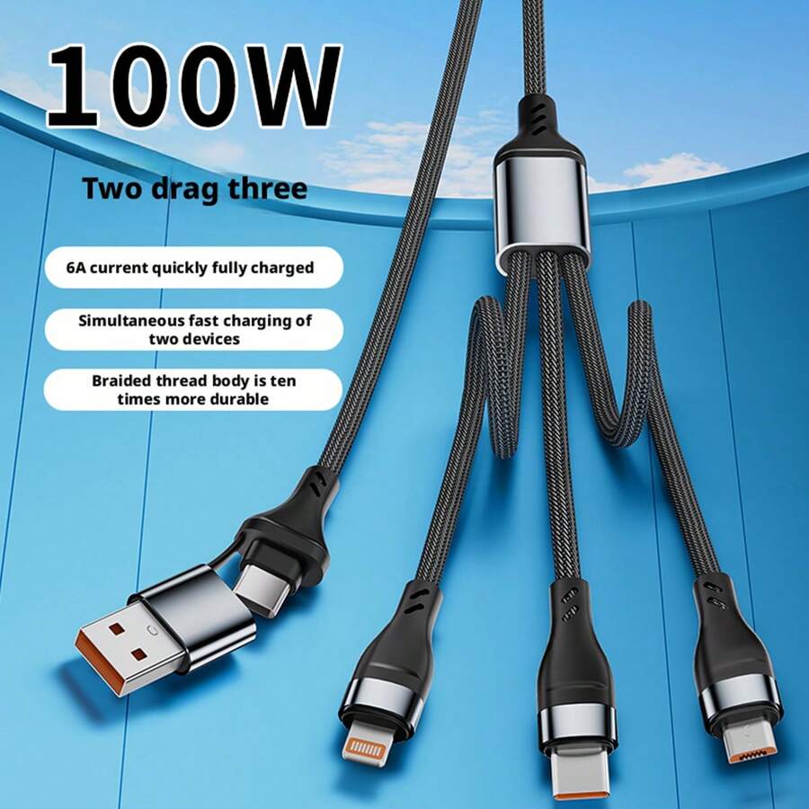 Cáp sạc và truyền dữ liệu đa chức năng 3 trong 1, chống rối, bện nylon, công suất 100W, sạc siêu nhanh, tương thích với iPhone 17/16/15/14/13/12/11/Xs/Xr/8/7/6, S26/S25/S24/S23/S22/S21 Ultra, quà tặng Ngày Phụ nữ, sinh nhật, kỷ niệm. - Xám - Xem 1
