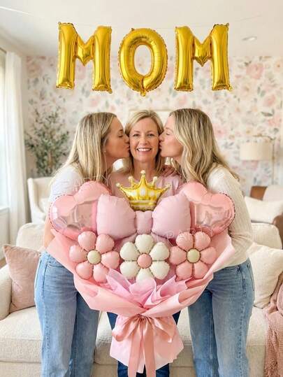 10pcs/Set Mother's Day Party Decoration Balloon Set, DIY Balloon Bouquet, 16" Gold "MOM" Foil Balloon, Matte Pink Bow Balloons, 18" Cream & Pink Flower Balloons, Mini Gold Crown Foil Balloons, 18" Rose Gold Heart Foil Balloons, Suitable For Wife/Mom Birthday Decor