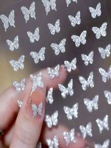 1pc Super Shiny Rhinestone Glitter Silver Butterfly Nail Art Sticker, Holographic Reflective Star Sparkle Bear Heart Shape Nail Decals - Multicolor - View 5