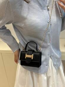 Mini Fashion Handbag, Chain Shoulder Bag, Chic Versatile Small Square Bag, Textured Hand Carry Purse, Mini Lipstick Bag - Black - View 3