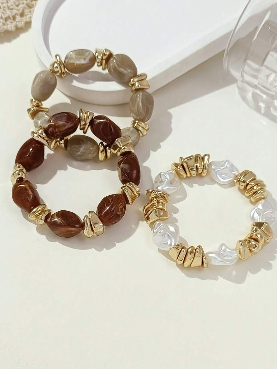LADYCOCO 3pcs Vintage Thick Multi-Layer Multi-Color Acrylic Beaded Bracelet, Transformable Gold Chip Bracelet, Suitable For Women, Couples, Parties, Daily Wear - Multicolor - View 1