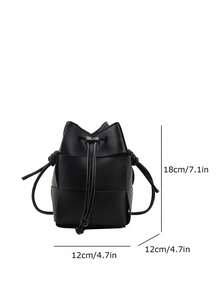 女士迷你编织斜挎包 - 抽绳 PU 水桶包，适合日常使用 - 黑色 - 查看 7