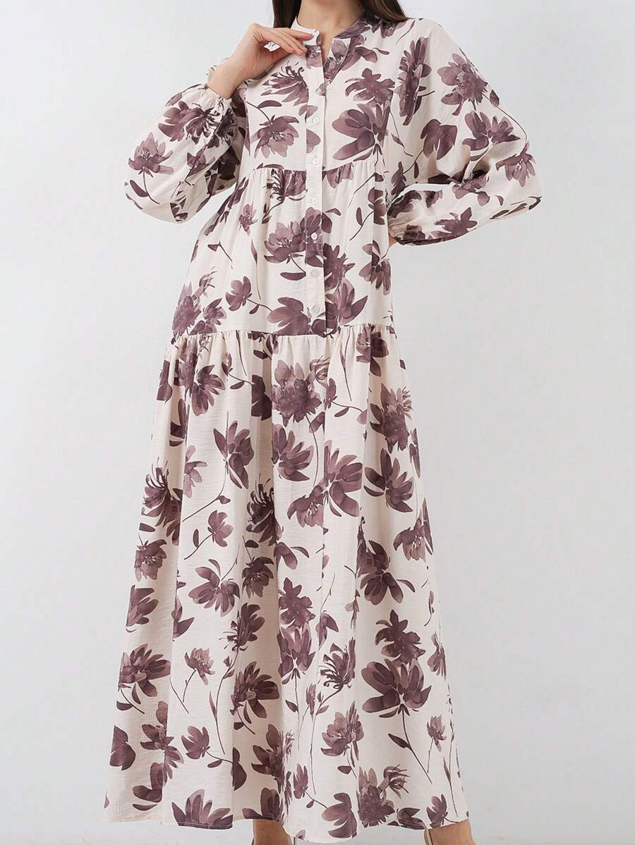 Women's Bohemian Style Pink Ditsy Floral Button Down Long Sleeve A-Line Dress - Brown - View 1