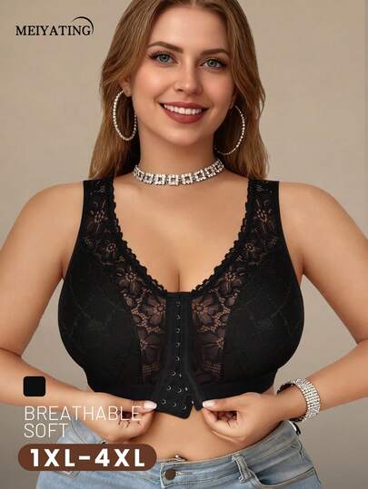 MEIYATING Plus Size Women Front Closure Floral Lace Hollow Shoulder Strap Lightweight Breathable Camisole Bra Sexy Wireless Bra, Black