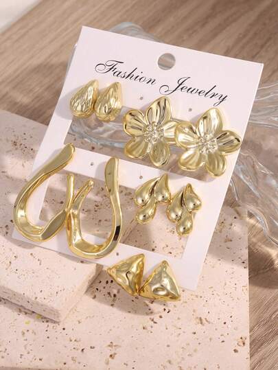 2pcs/10pcs Gold CCB Elegant Earrings, Vintage Long Earrings, Delicate Five-Petal Flower, Tiny Water Drop, Niche Triangle Stud Earrings, Suitable For Women Party/Daily/Valentine's Day/Gift For Friends