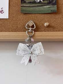 Lace Heart Mini Mirror Rhinestone Bow Car Keychain Delicate Bag Charm Pendant, New Arrival - White - View 9