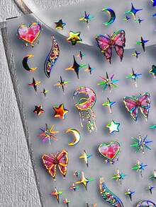 1片装 幻彩蝴蝶星月全息浮雕粉色爱心新月星光美人鱼尾巴美甲贴纸 5D 梦幻美甲贴花 自粘美甲装饰 女士及女孩适用 - 彩色 - 查看 3