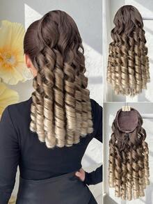 Peluca de fibra sintética resistente al calor con cola de caballo ondulada profunda de 20 pulgadas en degradado marrón, adecuada para mujeres para fiestas y uso diario - Marrón degradado - Ver 2