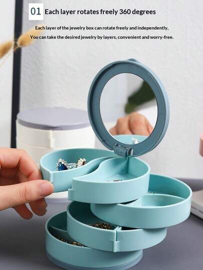 首饰收纳盒，多层旋转桌面日常收纳盒，适用于耳环、发夹、发圈，简约紧凑可折叠高端首饰盒，360°隔层大容量便携式旅行化妆镜防尘盒，适用于胸针、戒指
