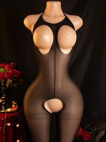 一件式性感连体裤，露出胸部和胯部 - 黑色 - 查看 2