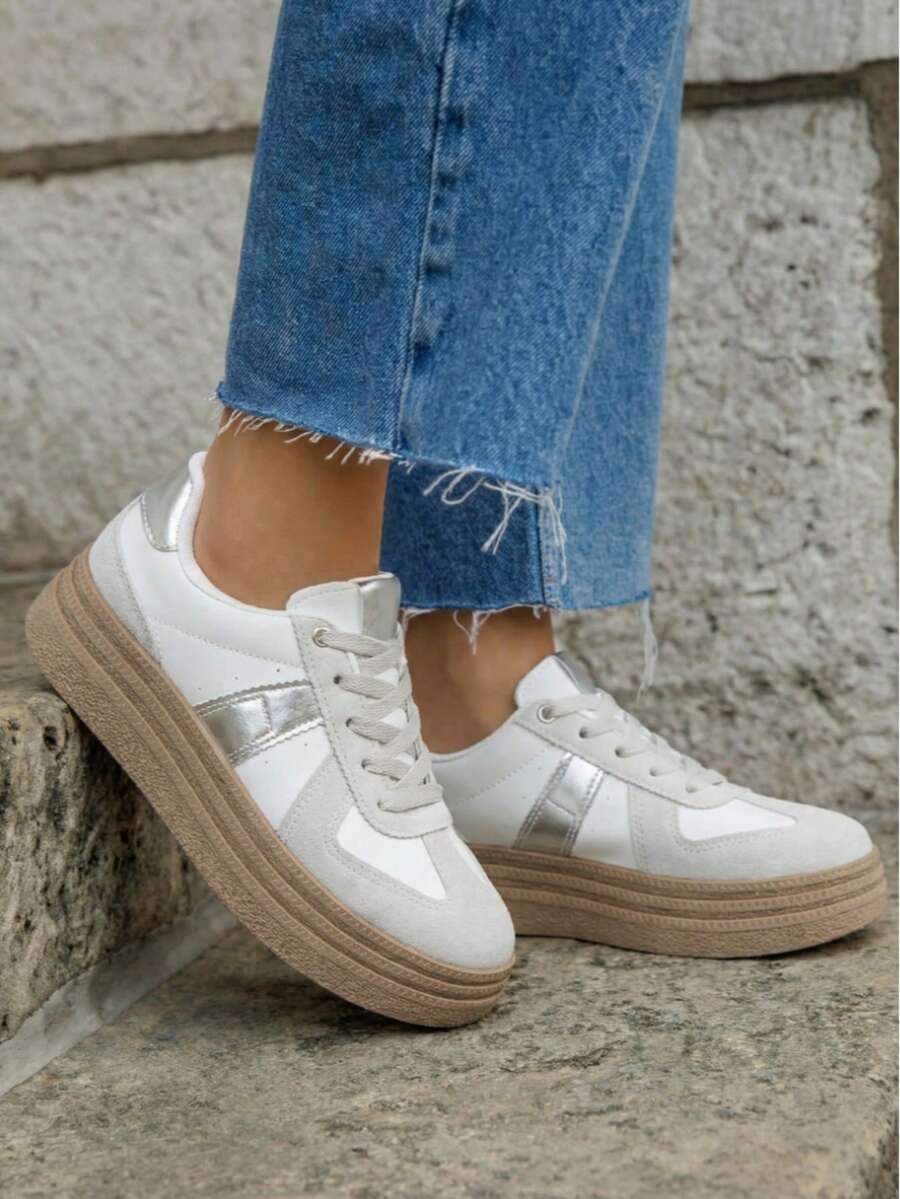 Casual Thick Sole Sneakers With Patterned Details - Silver - View 1