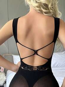 Sexy Backless Mini Chemise Nightgown, Sheer Jacquard Mesh Bodycon Dress - Black - View 2
