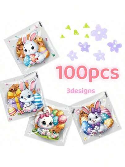 100个复活节透明糖果袋，印有可爱的兔子和彩蛋图案，是派对回礼和庆祝活动礼品的理想之选。