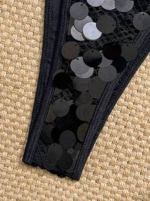 2pcs/Set Sexy Spaghetti Strap Solid Black Sequin Bikini Swimwear, Suitable For Beach Vacation, Music Festivals, Pool Parties, Spring/Summer - Black - View 4