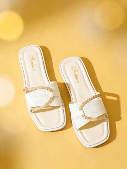 Women's Flat Sandals, New French Style Crystal Sandals, Flat Square Toe Slip-On Slippers, Women's Spring Summer Autumn Outdoor Wear, New Fairy Style Matching Dresses Elegant Slides, White Sandals, Slippers, Women's Shoes, Shoes, Beach Sandals, Women's Sandals, Sandals, Women's Flip Flops, Slippers, Women's Slippers, Sandals, Summer, Women's Sandals, Sandals