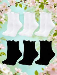 6 đôi tất cổ ngắn viền bèo cho nữ, tất cotton thoáng khí phù hợp với đồng phục JK và phong cách Lolita, màu đen trắng. - Nhiều màu - Xem 1