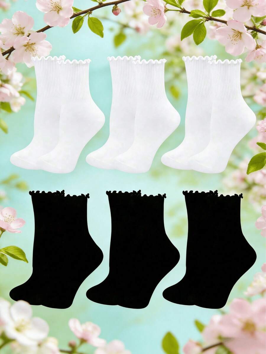 6 đôi tất cổ ngắn viền bèo cho nữ, tất cotton thoáng khí phù hợp với đồng phục JK và phong cách Lolita, màu đen trắng. - Nhiều màu - Xem 1