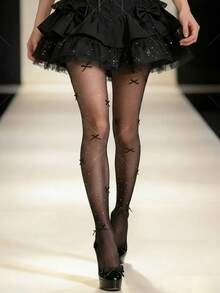 “春夏款，可自由裁剪，小众甜心，乳白色珍珠，手工植绒蝴蝶结，洛丽塔，连裤袜，长筒袜” - 黑色 - 查看 1