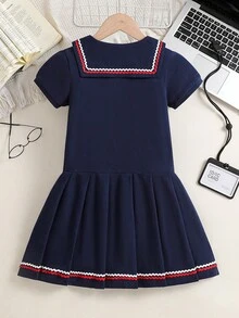 Tween Girl Striped Trim Sailor Collar Pleated Hem Dress - Navy Blue - View 2