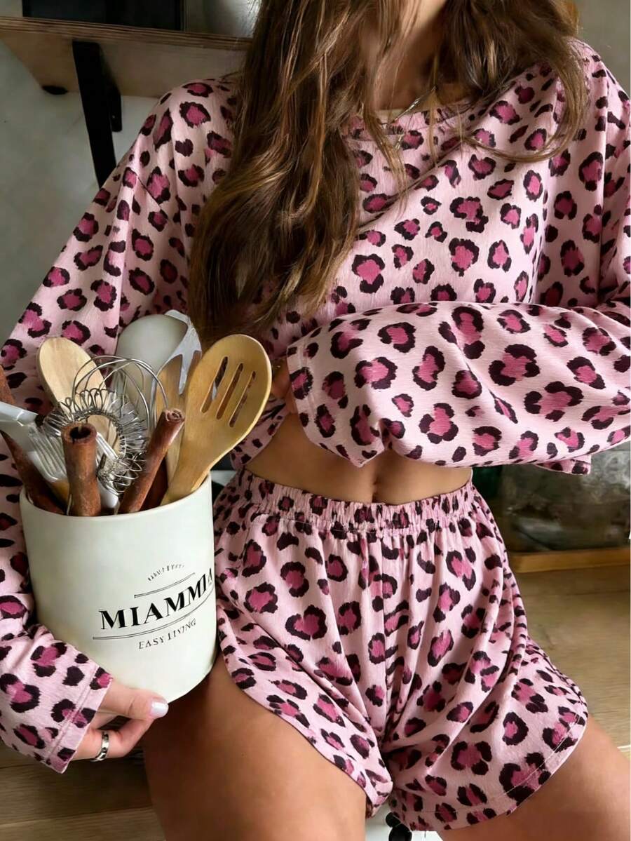 2 pièces Ensemble de pyjama femme à manches longues imprimé, col rond, avec short à taille élastique, confortable