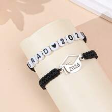 2 piezas Temporada de graduación 2026 Gorra de graduación de acero inoxidable creativa y pulsera de tarjeta trenzada con letra de acrílico, adecuada para hombres y mujeres - Pulsera de la temporada de graduación - Ver 6