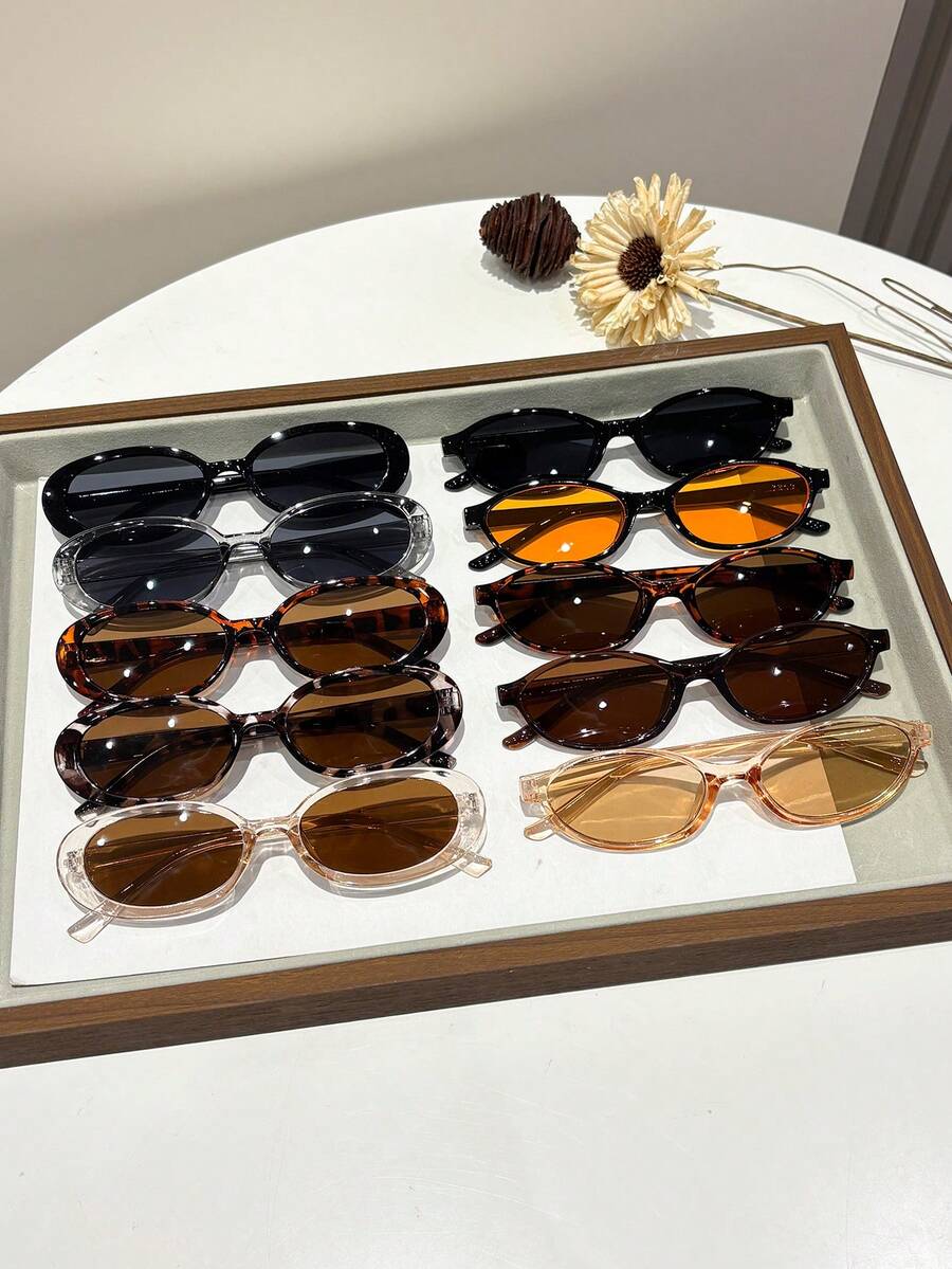 10pcs Women's Plastic Multicolor Cat Eye Full Frame Tinted Lens Casual Glasses, Suitable For Daily Life, Vacation, Outdoor Activities - 10pcs 紋茶 - 查看 1