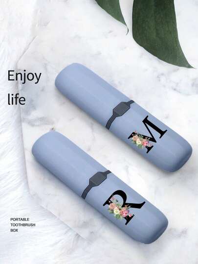 牙刷盒收纳套，浴室配件，印有黑色字母和花朵图案 A-Z，让您的牙刷保持清洁，方便携带！便携式简约牙刷盒，适合露营、商务旅行、上学、洗漱用品收纳。