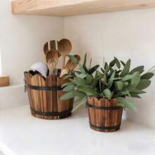 1/3pcs Vintage Wooden Barrel Shaped Planter, Rust-Resistant Indoor/Outdoor Succulent Flower Pot, Rustic Style Wooden Planter - Wavy Mouth - View 6