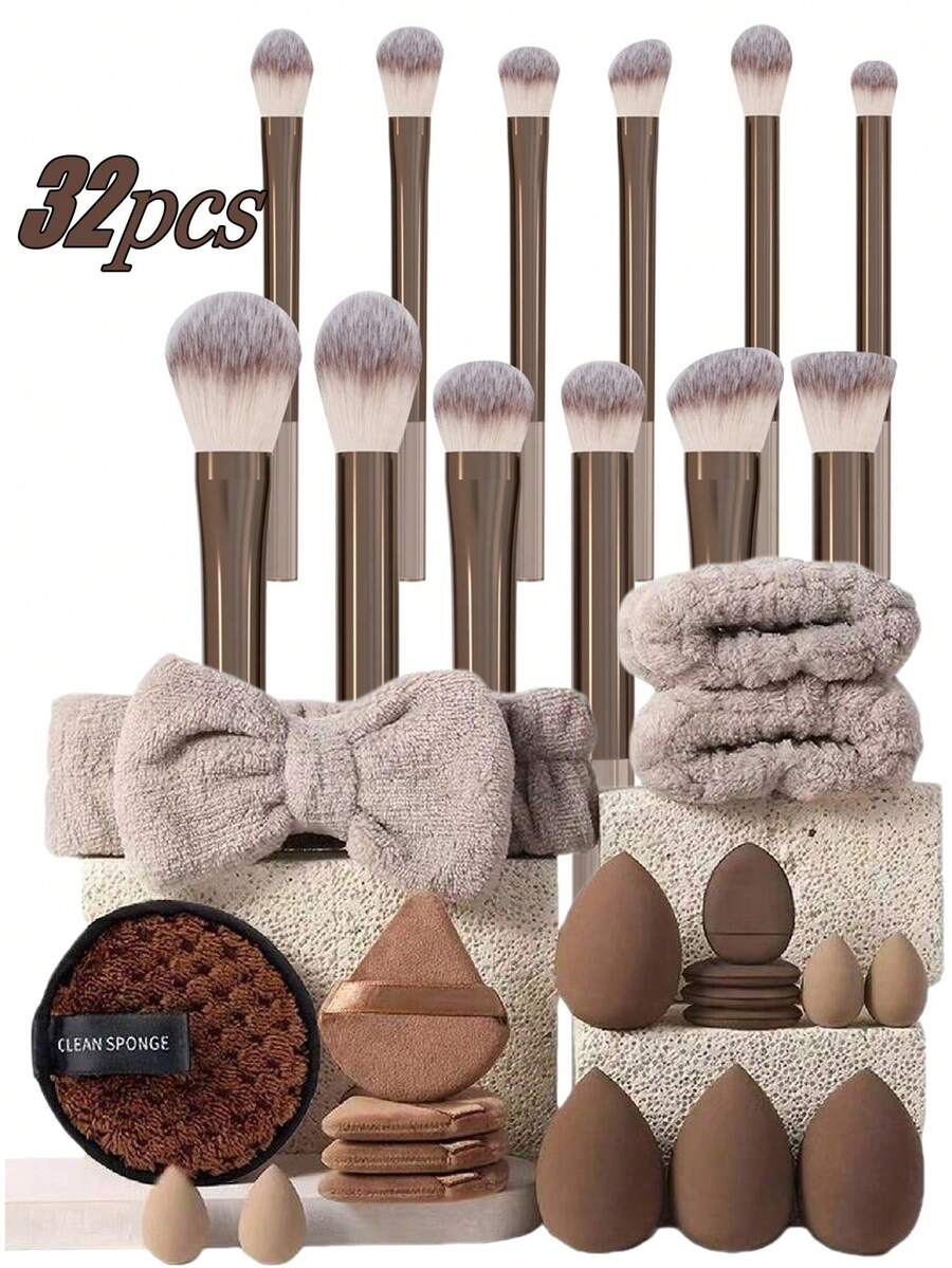 32pcs Makeup Brush Set, Including Foundation Brush, Blush Brush, Highlighter Brush, Eyeshadow Brush, Mascara Brush, Eyeliner Brush, Angled Sponge, Round Sponge, Round Powder Puff, Triangle Powder Puff, Triangle Sponge, Liquid Foundation Mixing Tool, Makeup Tool Set, Makeup Brush Set, Cosmetic Set, Complete Makeup Kit - Multicolor - View 1