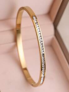 3pcs/1pc Luxury Fully Rhinestoned Stainless Steel Bangle Bracelet, Elegant Personalized Open Cuff Bracelet, Versatile For Commute And Dating, Valentine's Day Gift - Gold - View 7