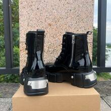 Men's Fashion Cyber Punk Style High-Top Chunky Boots Black Patent Leather With Side Zipper Motorcycle Short Boots For Man Thick Sole Vintage Leather Boots - 黑色 - 查看 4