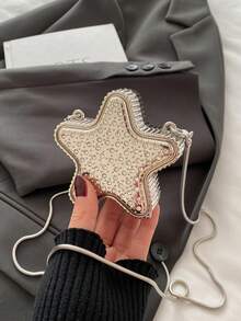 1pc New Mini Bag, Rhinestone Embellished Mini Bag, Silver Wallet, Shiny Futuristic Pentagram Handbag, Chain Shoulder Star Bag, Asymmetric Handbag, Accessory Pouch, Elegant Coin Purse, Gold Earphone Case, Wedding, Women Handbag, Gold Wallet, Summer Party Clutch, Gift Evening Bag - Silver - View 6