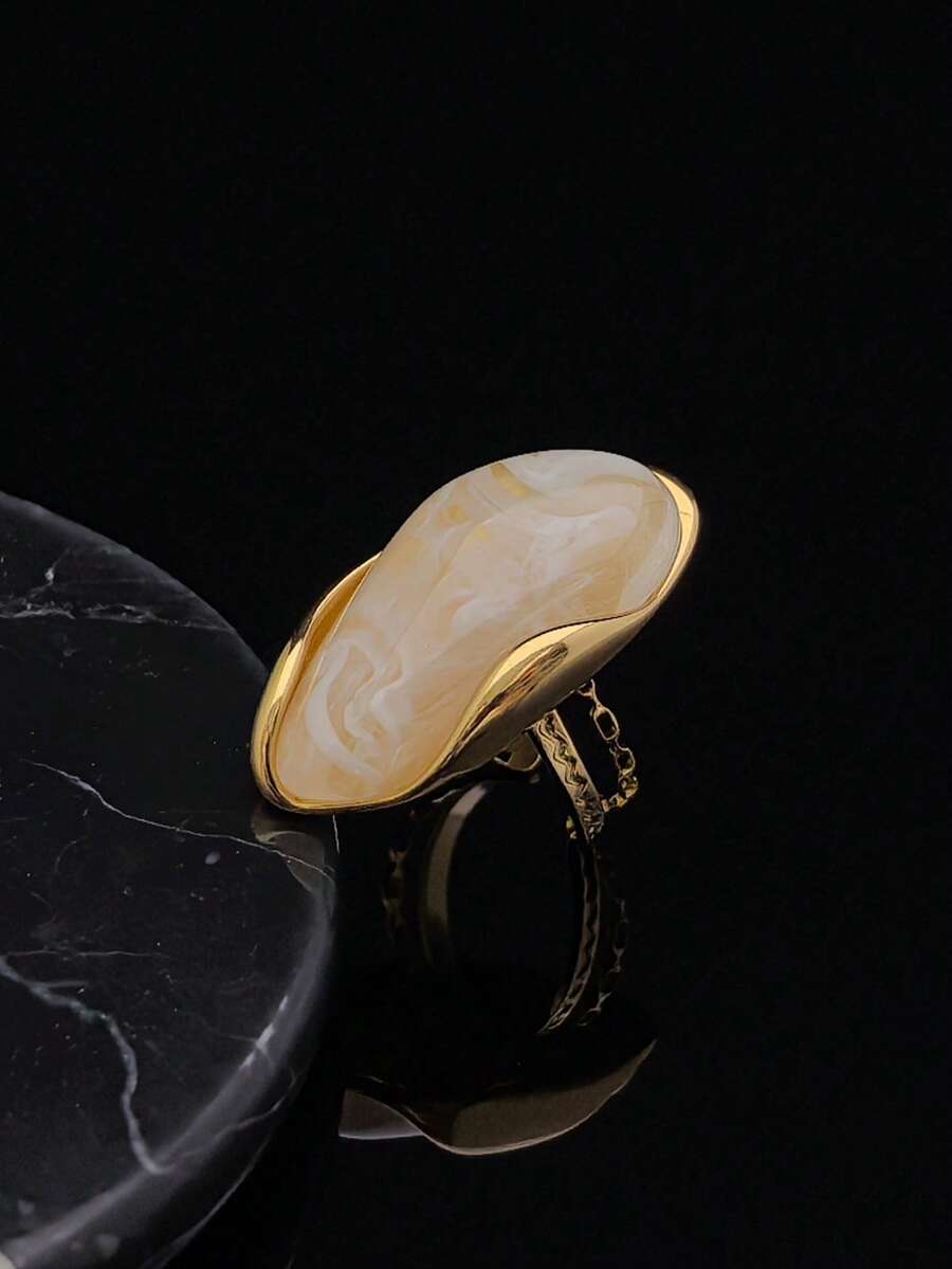 奢华优雅高品质镀金棕色、白色和绿色合成水晶仿玉316不锈钢戒指，适合欧洲、中东和美国女性在节日佩戴。 - 白色 - 查看 1