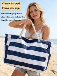 Beach Bags For Women, Large Waterproof Beach Tote Bag With Zipper, Plus Size Women's Waterproof Beach Tote Bag, Women Canvas Shoulder Bag, Waterproof Sandproof Swim Pool Bag, Large Tote (Pattern Random),  Portable, Foldable, Business Casual Simple Stripe Design Tote Bag For Teenagers, Women, College Students, Middle & High School Students, Outdoor, Travel, Picnic, Work, Business, Commuting, Vacation, Shopping And Holiday[US Local Warehouse]The Best Gift Choice, Birthday Gift - Nhiều màu - Xem 4