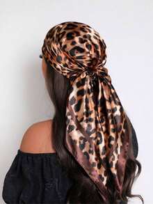 1pc 90cm Women's Satin Square Scarf, Elegant Fashionable Leopard Print Pattern, Suitable For Casual And Street Outfits As Scarf, Hair Accessory, Headband - màu nâu - Xem 5