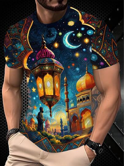 男士活力3D开斋节主题印花T恤，舒适贴身，适合夏季休闲外出穿着