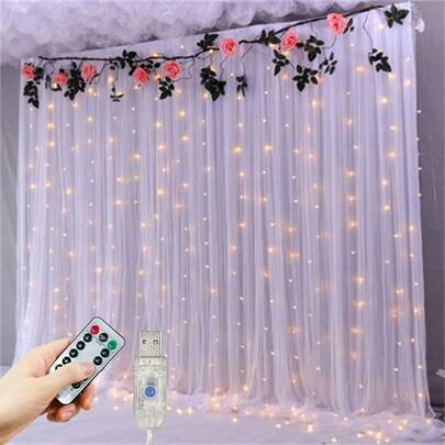 1 pieza Luces de cortina de ventana de 6m/3m/2m/1m con 8 modos de iluminación, luces de hadas de interior alimentadas por USB para dormitorio, boda, fiesta, decoración de vacaciones (baterías del control remoto no incluidas)