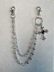 Cadena para pantalones cruzada, cadena para la cintura con dije de cierre de langosta, cadena para billetera, cadena retro, cadena de doble capa, estilo hip-hop punk, cadena para jeans, cadena para bolsillo, llavero de hombre, cadena para pantalones de múltiples elementos - Plata antigua - Ver 1