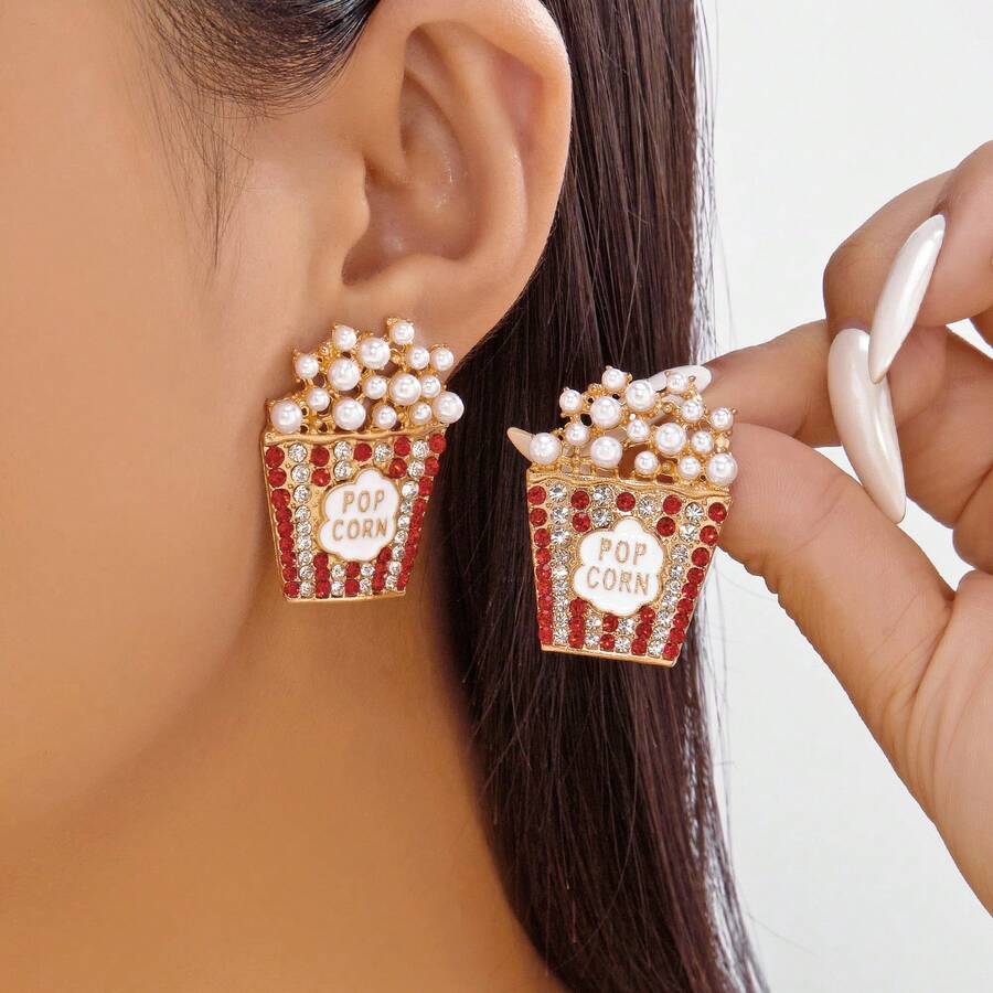 1 Pair Minimalist Cute Popcorn Shaped Earrings, Versatile Cartoon Design, No Card Included - Popcorn - View 1