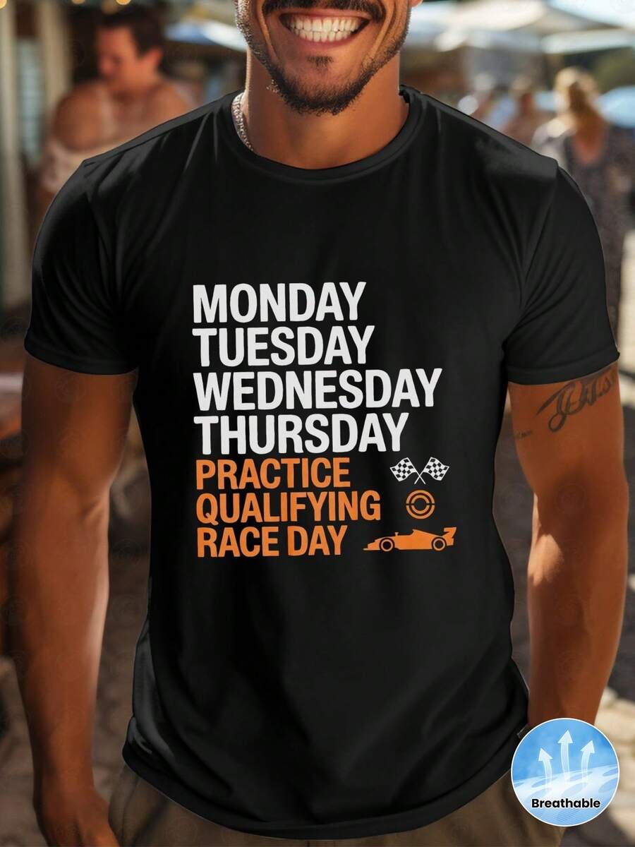 Men's Casual Short-Sleeve T-Shirt - Racing Car Graphic Print & Design For Training, Qualifying, And Race Day Monday Through Wednesday - Black With Orange And White Graphics - Breathable Summer T-Shirt For Motorsport Enthusiasts, Medium Stretch Fabric - Black - View 1